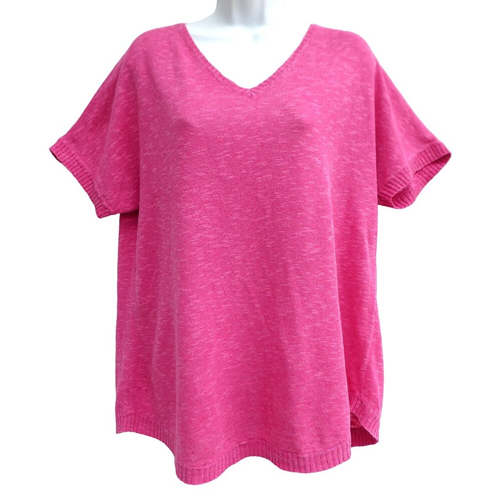 LiNeN Cotton Eileen Fisher Sweater Slub Knit V Neck Pullover Pink Ribbed L